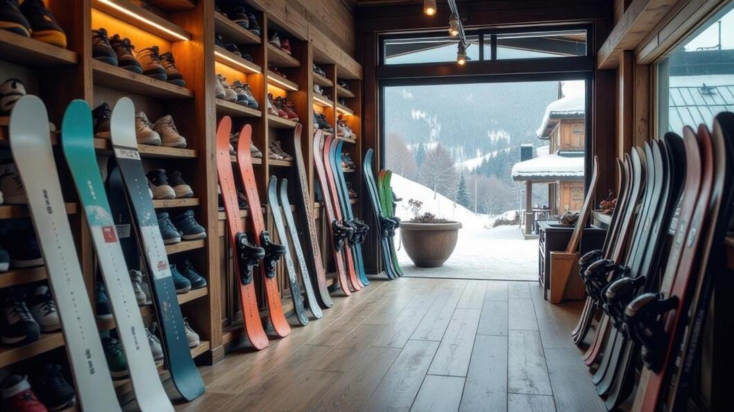 Ski boots and helmets organized