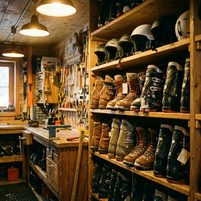 Ski boots and helmets organized